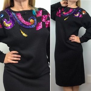 Vintage 80s 90s Sequined Black Midi Sweater Dress
